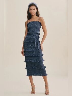 NWT V. Chapman Anthropologie Navy Blue Bouquet Ruched and Ruffled Satin Dress 8
